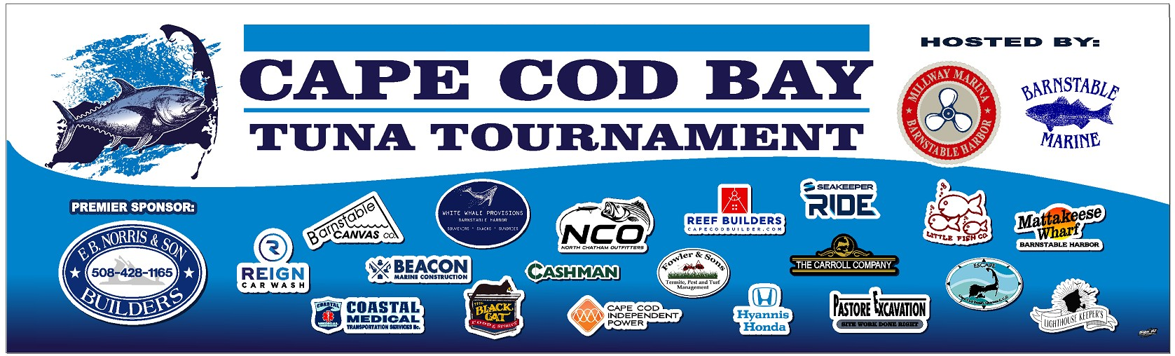 Cape Cod Bay Tuna Tournament sponsor banner — hosted by Millway Marina and Barnstable Marine